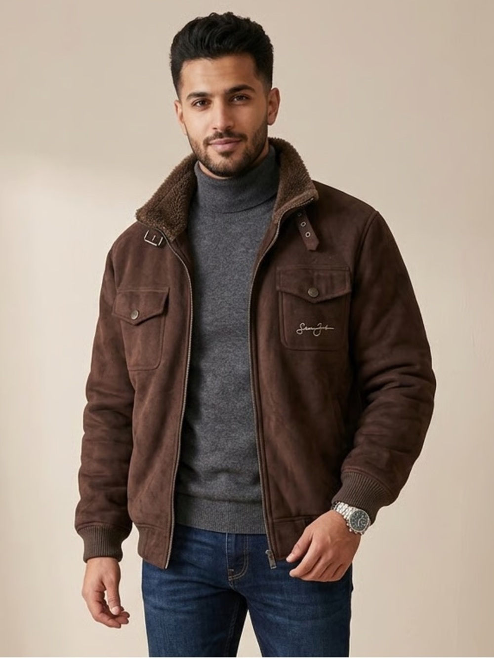 SEAN JOHN | Vintage Chocolate Brown Faux Suede Faux Fur Lined Bomber Jacket Sz M